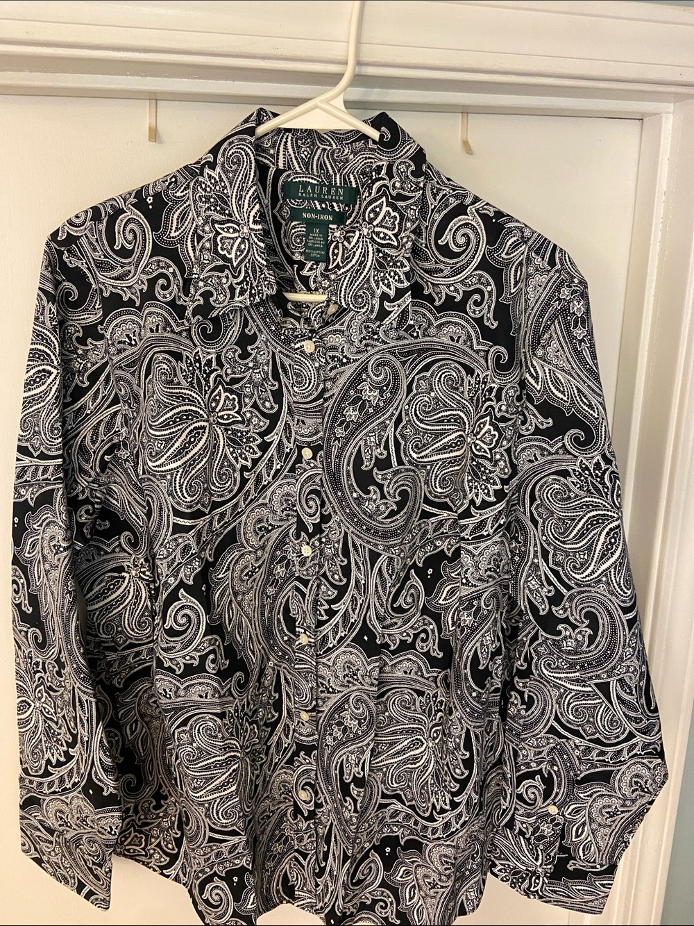 Lauren Ralph Lauren Black and White Paisley Button-Down Blouse 1 XL